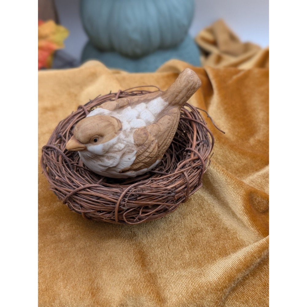 Vintage Bisque Porcelain Bird in Natural Twig Nest Figurine 4.5" Cottagecore